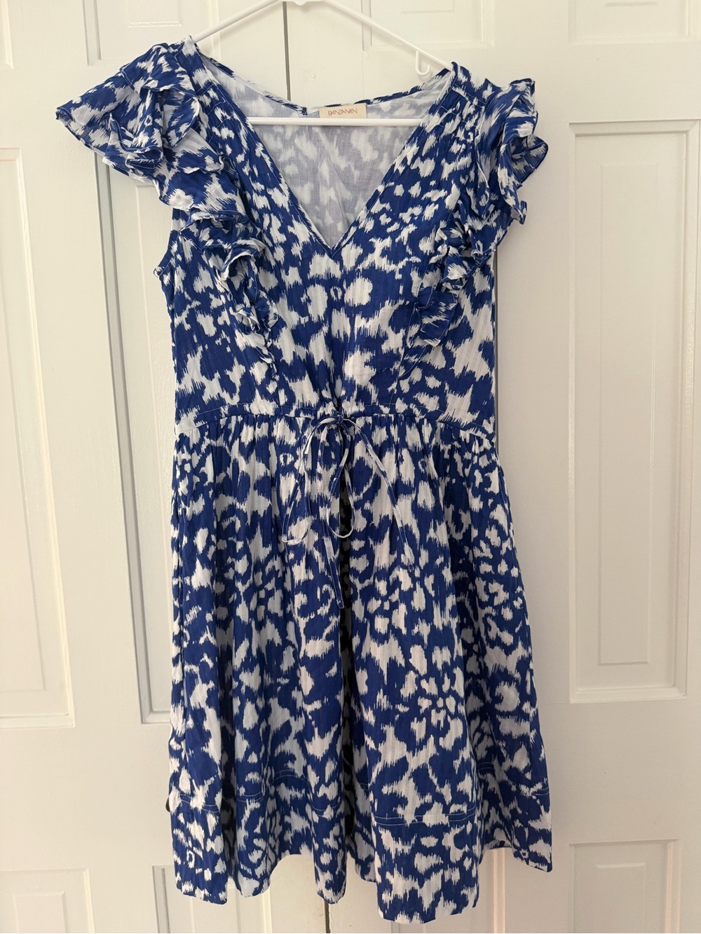 Banjanan Blue and White Ruffled V-Neck Mini Dress
